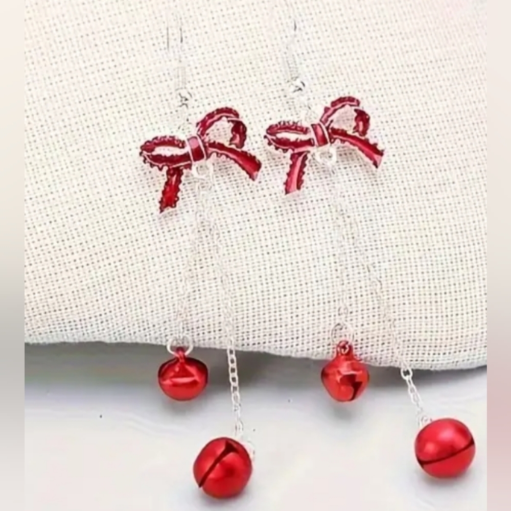Elegant Christmas Holiday Festive‎ Red Bow Dangle Earrings - Picture 2 of 2